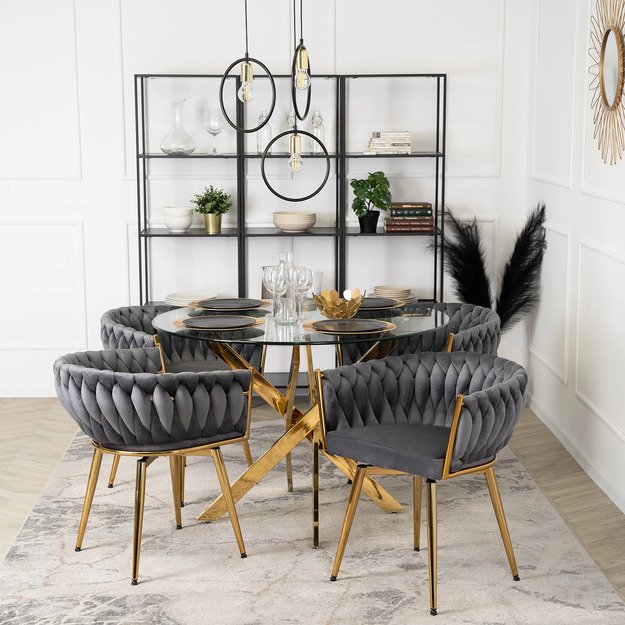 Rubi RUBI apmuštas besisukantis valgomojo krėslas pilko aksomo imitacijos tualetiniam staliukui, modernaus žavesio 4