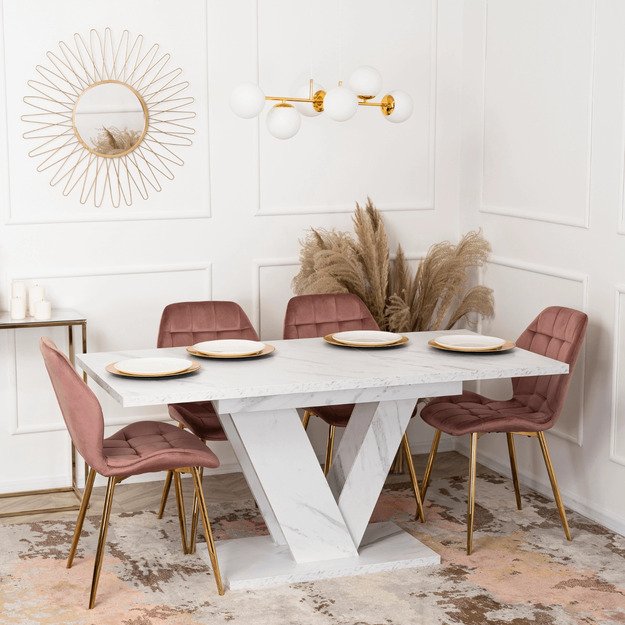 Clarkas CLARK stačiakampis ištraukiamas stalas, 120–160 cm, baltas marmuras, glamūringas