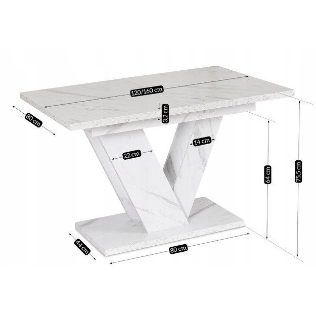 Clarkas CLARK stačiakampis ištraukiamas stalas, 120–160 cm, baltas marmuras, glamūringas 9