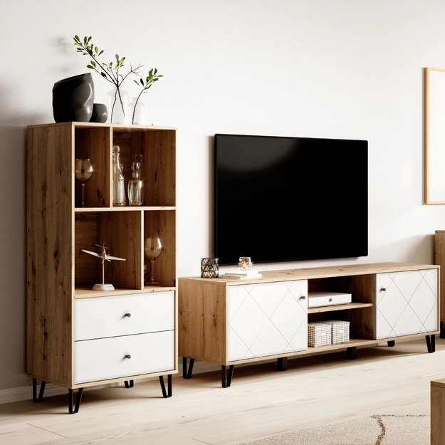 Bacardi BACARDI Artisan ąžuolo/baltos spalvos knygų lentyna su stalčiais moderniai svetainei