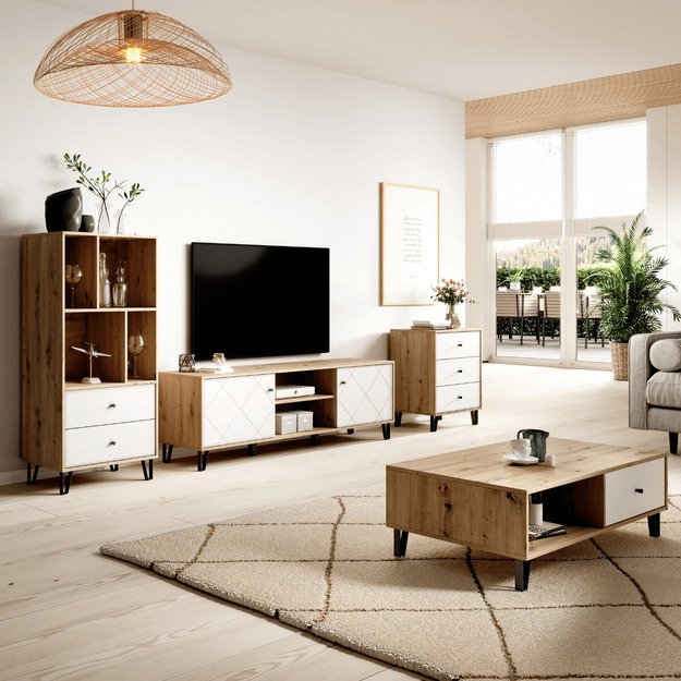 Bacardi BACARDI Artisan ąžuolo/baltos spalvos knygų lentyna su stalčiais moderniai svetainei 1