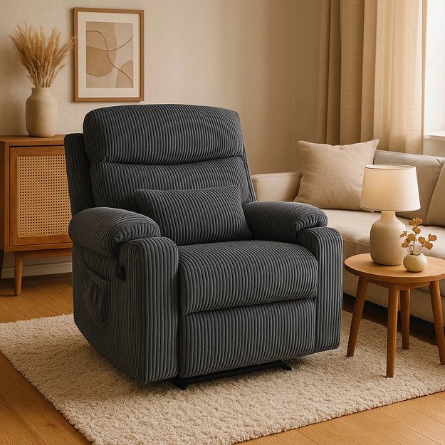 Torresas TORRES pilkas velveto modernus atlošiamas fotelis su pakoja