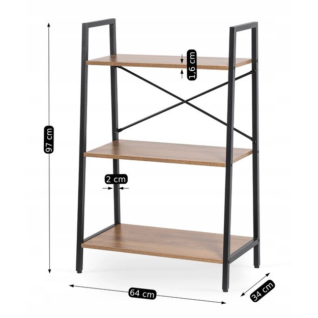 Vioras VIOR žema atvira lentyna svetainei, auksinio ąžuolo/juodos spalvos, žaislams, metalinis ąžuolo palėpės formos 9