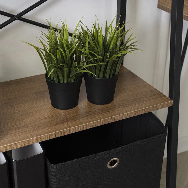 Vioras VIOR žema atvira lentyna svetainei, auksinio ąžuolo/juodos spalvos, žaislams, metalinis ąžuolo palėpės formos 3