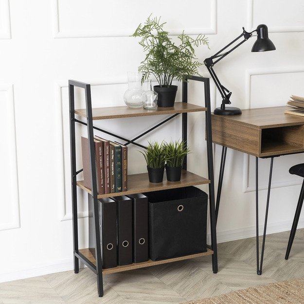 Vioras VIOR žema atvira lentyna svetainei, auksinio ąžuolo/juodos spalvos, žaislams, metalinis ąžuolo palėpės formos