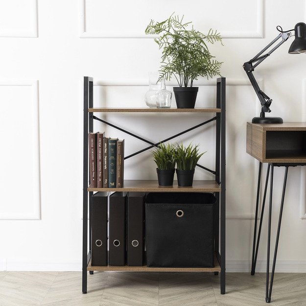 Vioras VIOR žema atvira lentyna svetainei, auksinio ąžuolo/juodos spalvos, žaislams, metalinis ąžuolo palėpės formos 1