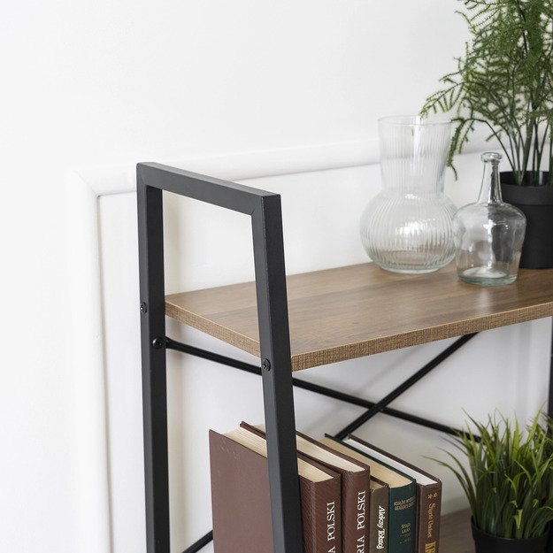 Vioras VIOR žema atvira lentyna svetainei, auksinio ąžuolo/juodos spalvos, žaislams, metalinis ąžuolo palėpės formos 2