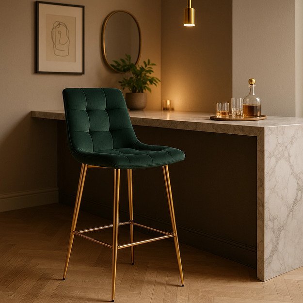Arielė Apmuštas baro kėdė ARIEL, žalias aksomas, modernus glamūras