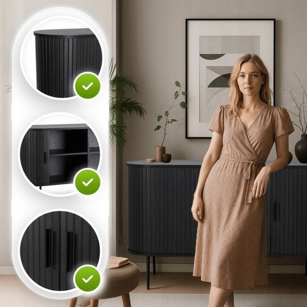 Triša TRISH stumdoma komoda svetainei, 180 cm, juoda, dviejų durų, grioveliai, moderni 1