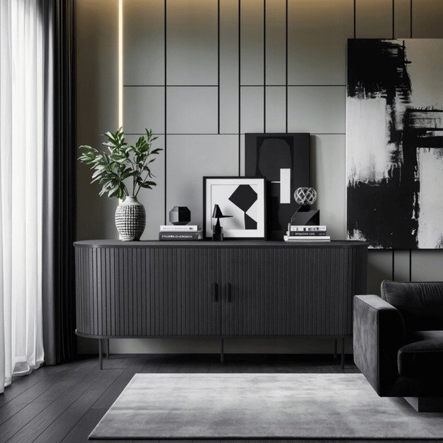 Triša TRISH stumdoma komoda svetainei, 180 cm, juoda, dviejų durų, grioveliai, moderni