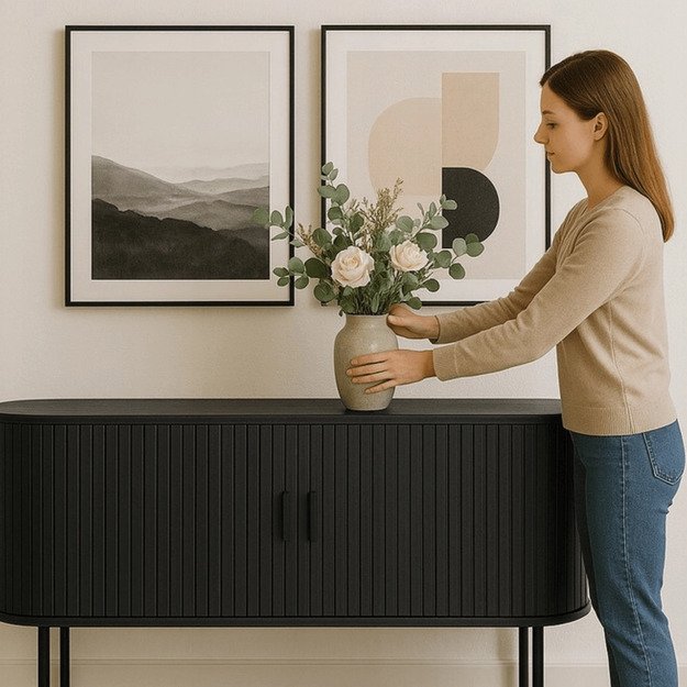 Triša TRISH stumdoma komoda svetainei, 180 cm, juoda, dviejų durų, grioveliai, moderni 2