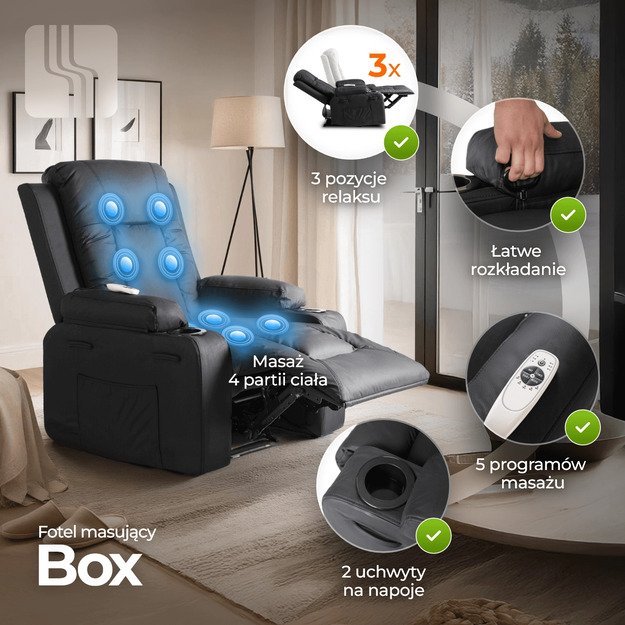 Dėžutė BOX 2 atlošiama masažinė kėdė su pakoja, juoda, moderni eko oda 1