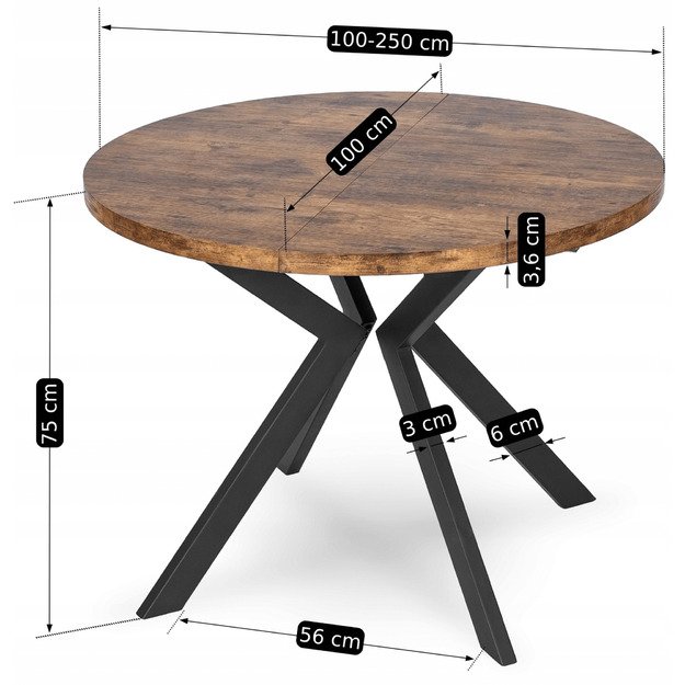 Lukas Apvalus išskleidžiamas stalas LUKAS, 100–250 cm, auksinio ąžuolo spalvos, modernus loftas 14
