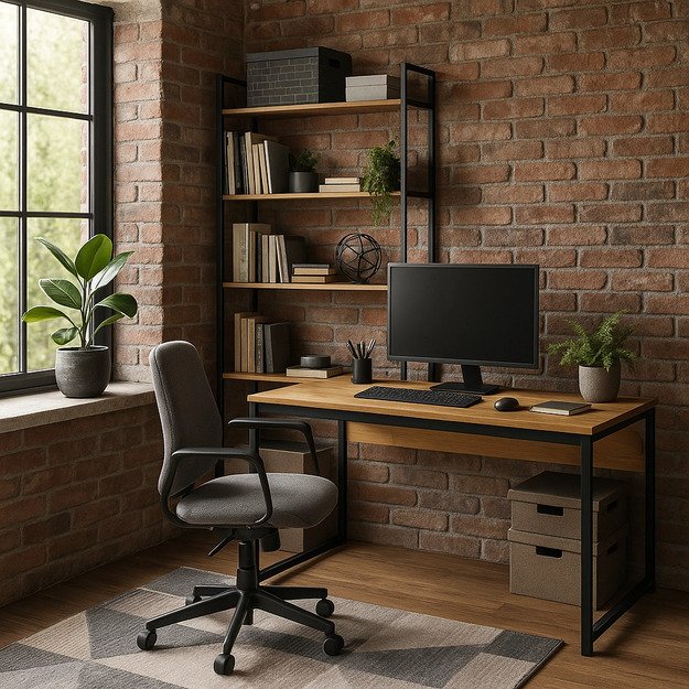 Rosas ROSS lofto formos rašomasis stalas biurui, 120x60 cm, auksinio ąžuolo/juodos spalvos, modernus