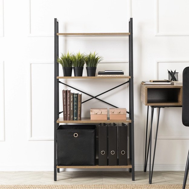 Gia GIA riešuto/juodos spalvos atvira lentyna knygoms ir žaislams svetainei, moderni industrinė