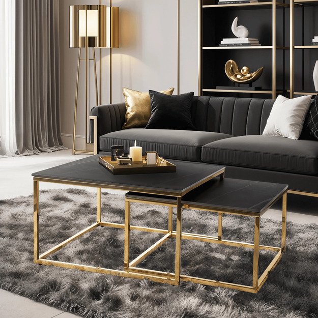 Tenoras TENOR juodo marmuro / aukso spalvos kavos staliukų komplektas prabangiai svetainei