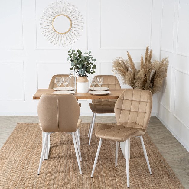 LUCKY  smėlio spalvos aksominis modernus lofto formos apmuštas valgomojo krėslas 2