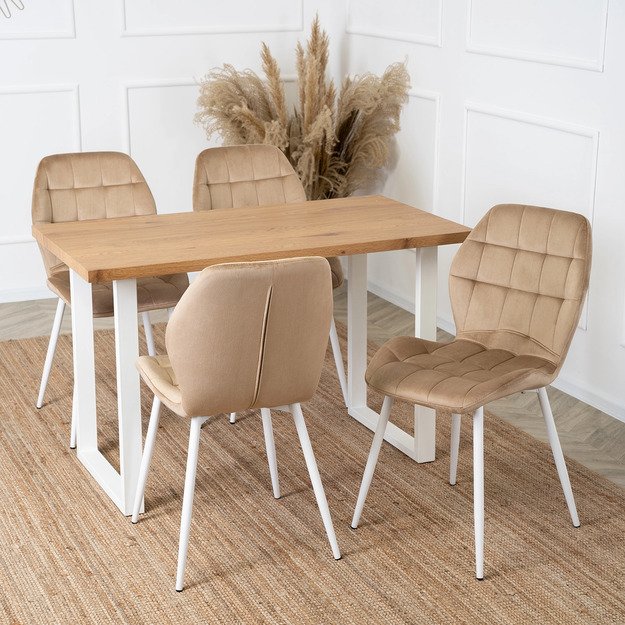 LUCKY  smėlio spalvos aksominis modernus lofto formos apmuštas valgomojo krėslas