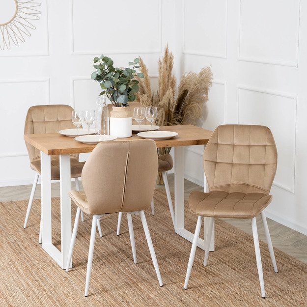 LUCKY  smėlio spalvos aksominis modernus lofto formos apmuštas valgomojo krėslas 3