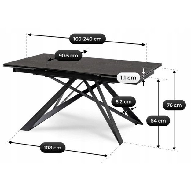 Maksimas MAXIME stačiakampis ištraukiamas stalas, 160–240 cm, keramika, juodas marmuras, moderniam lofto stiliaus valgomajam 12