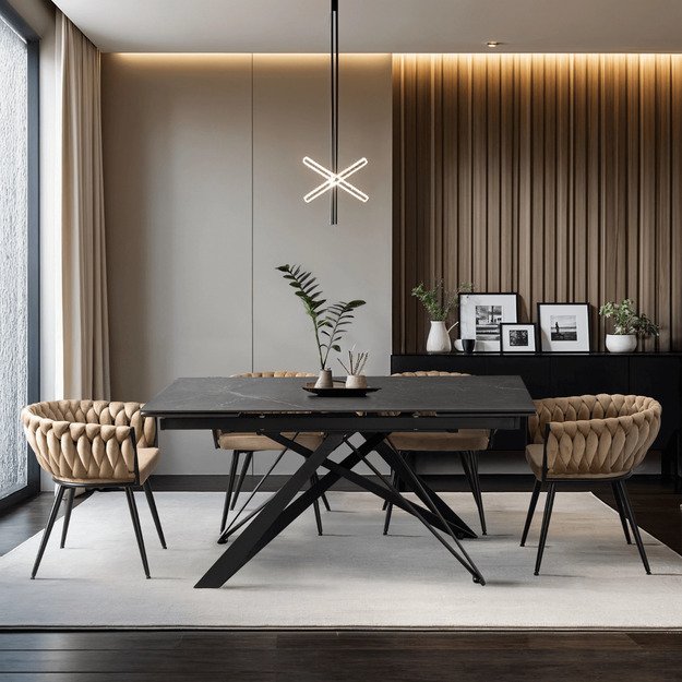 Maksimas MAXIME stačiakampis ištraukiamas stalas, 160–240 cm, keramika, juodas marmuras, moderniam lofto stiliaus valgomajam