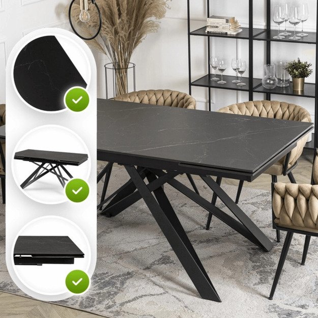 Maksimas MAXIME stačiakampis ištraukiamas stalas, 160–240 cm, keramika, juodas marmuras, moderniam lofto stiliaus valgomajam 1