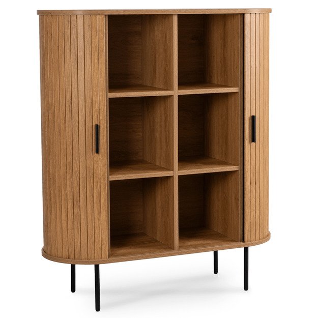 Triša TRISH aukšta komoda su stumdomomis stalčiais, 100 cm, ąžuolo spalvos, dviejų durų, grioveliais, moderni 2