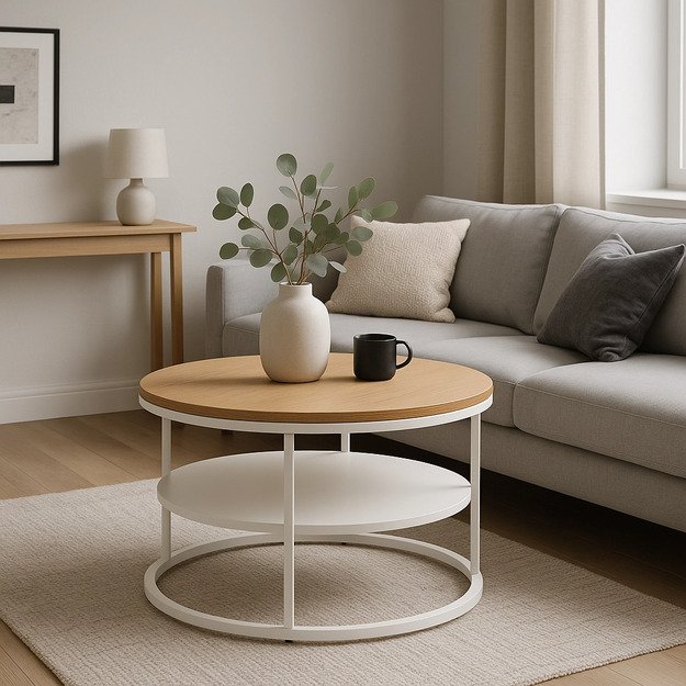 Geriausias BEST kavos staliukas su lentyna, 70 cm, ąžuolo/baltos spalvos, skandinaviškas