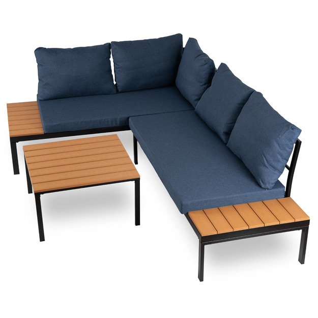 Normanas NORMAN sodo baldų komplektas, tamsiai mėlyna/juoda, kampinė sofa, terasos stalas, modernus metalinis 5