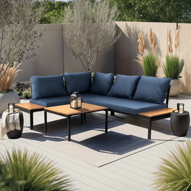 Normanas NORMAN sodo baldų komplektas, tamsiai mėlyna/juoda, kampinė sofa, terasos stalas, modernus metalinis