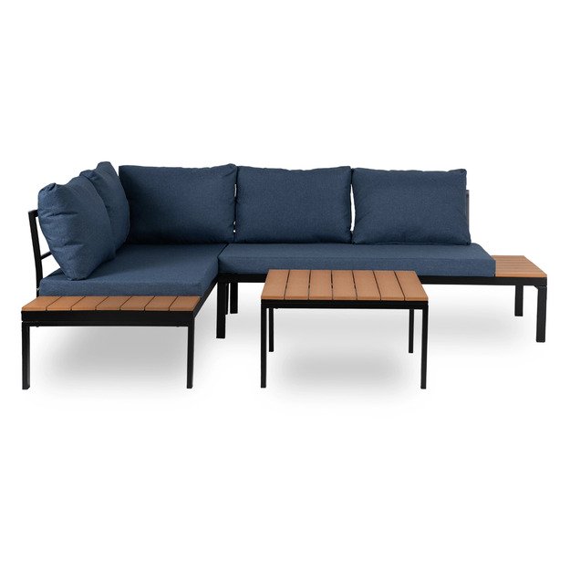 Normanas NORMAN sodo baldų komplektas, tamsiai mėlyna/juoda, kampinė sofa, terasos stalas, modernus metalinis 4
