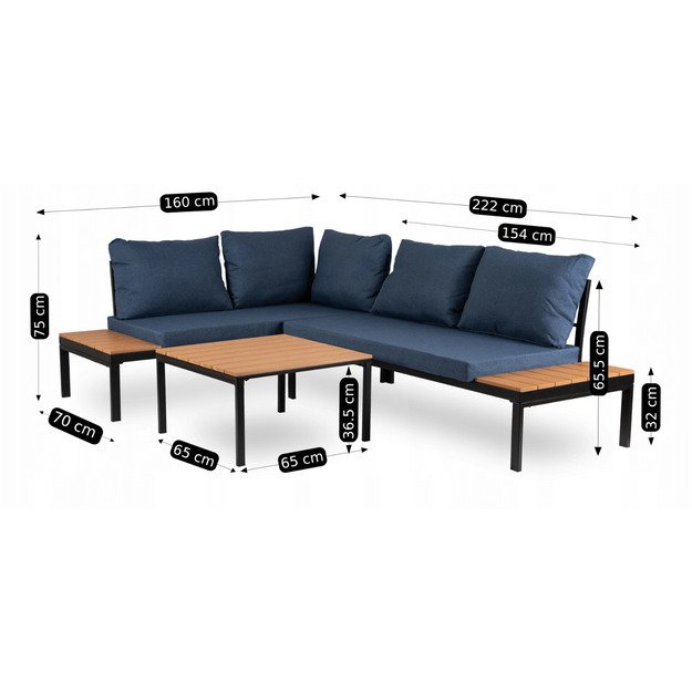 Normanas NORMAN sodo baldų komplektas, tamsiai mėlyna/juoda, kampinė sofa, terasos stalas, modernus metalinis 11